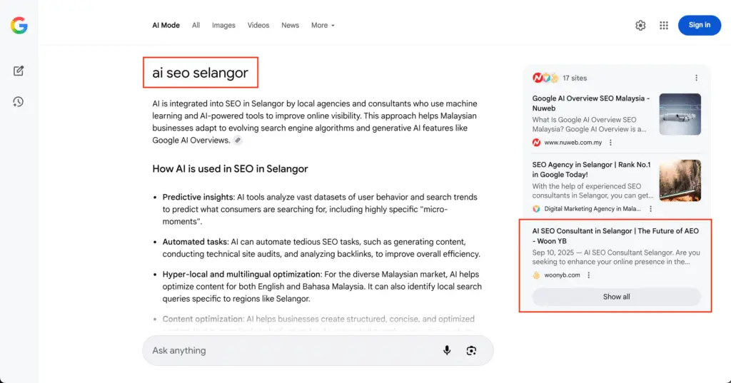 WoonYB website being indexed in the AI SEO Selangor Keywords
