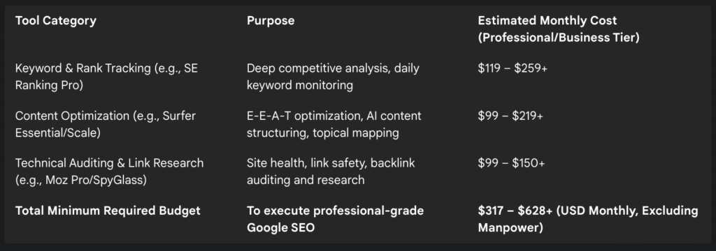 Required Minimum Professional SEO Tool Investment (2025 Estimates)