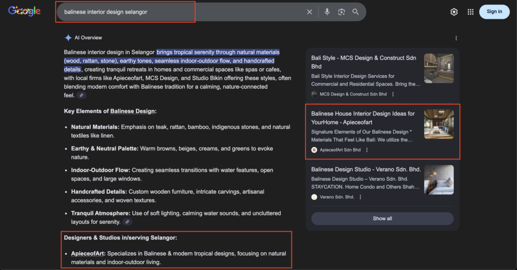 AI Overview for Balinese Interior Design Selangor
